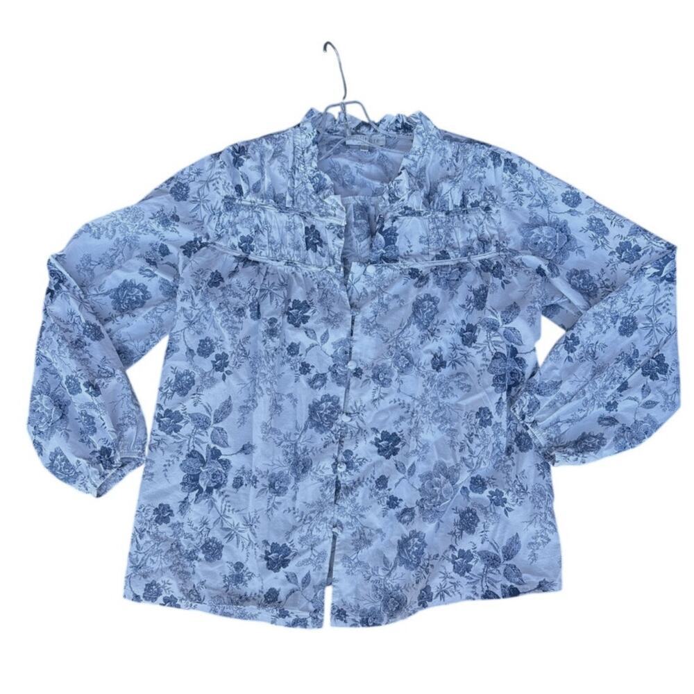 Solitaire Blue Toile Floral Ruffle Bib Blouse Size Large Cottagecore Prairie